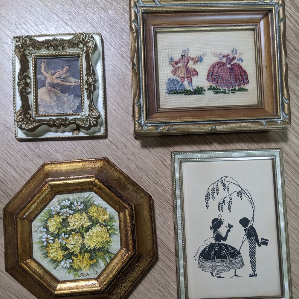 Vintage Set of 4 Lovely Miniature Framed Prints Hand Embroidered Oil Painting
